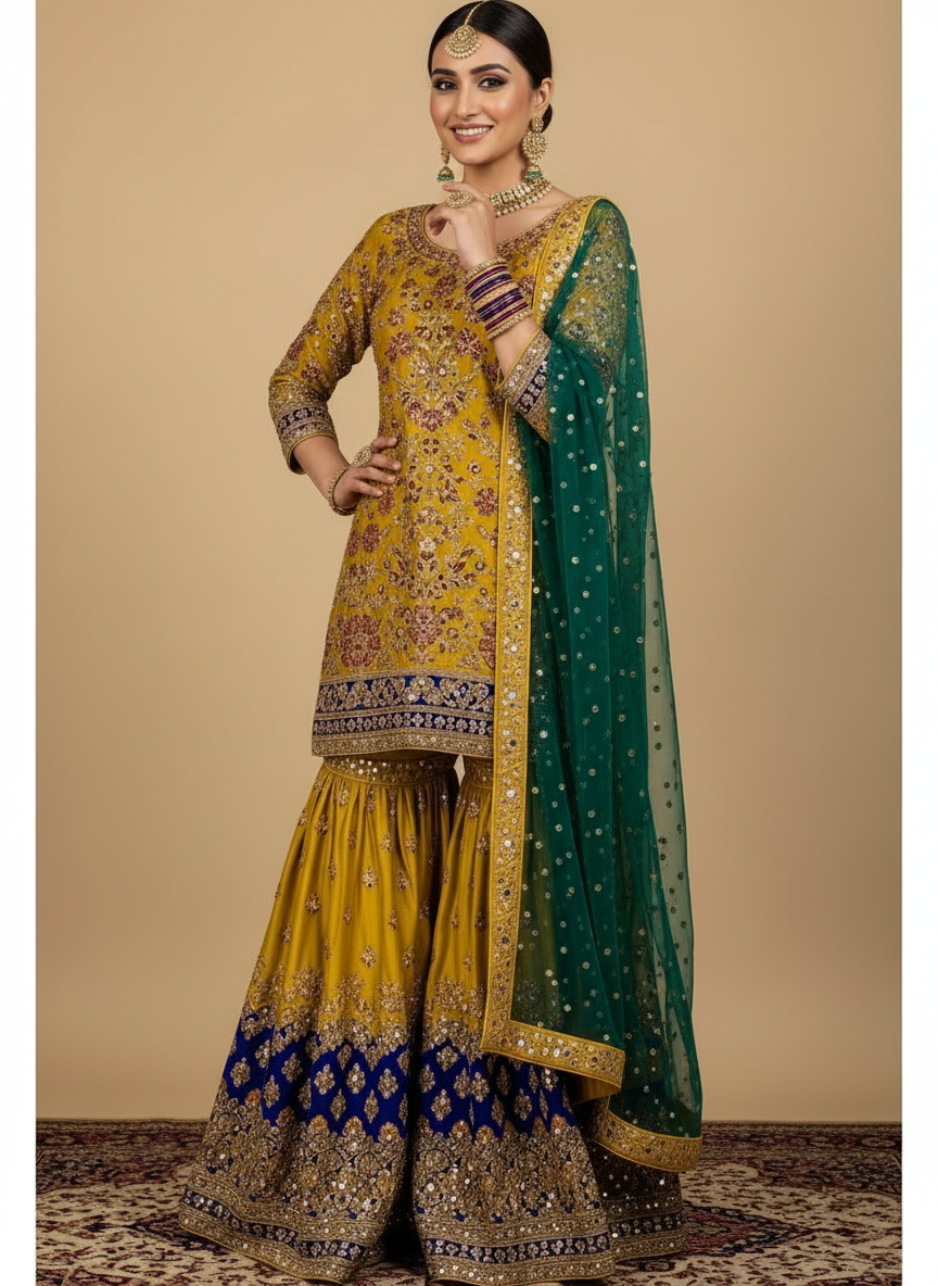 Mustard Gold & Emerald Green Custom Sharara Set