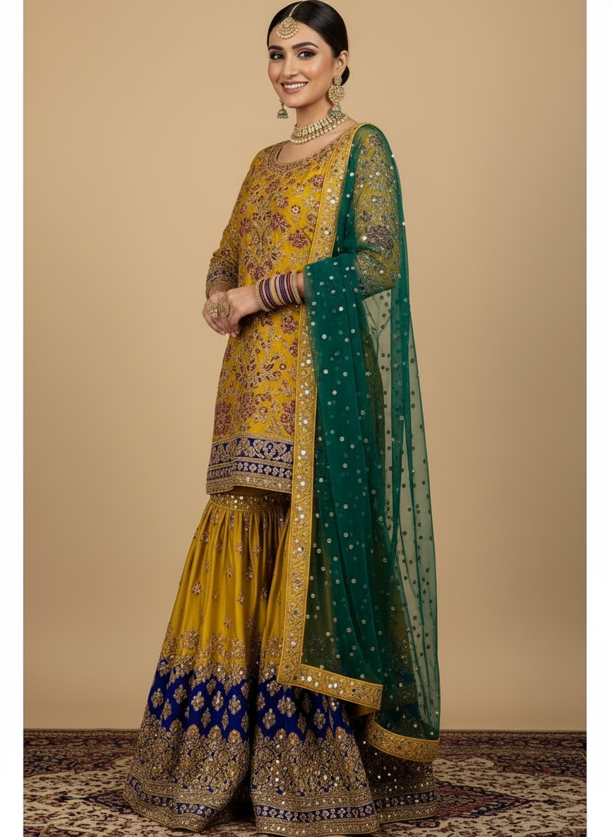 Mustard Gold & Emerald Green Custom Sharara Set