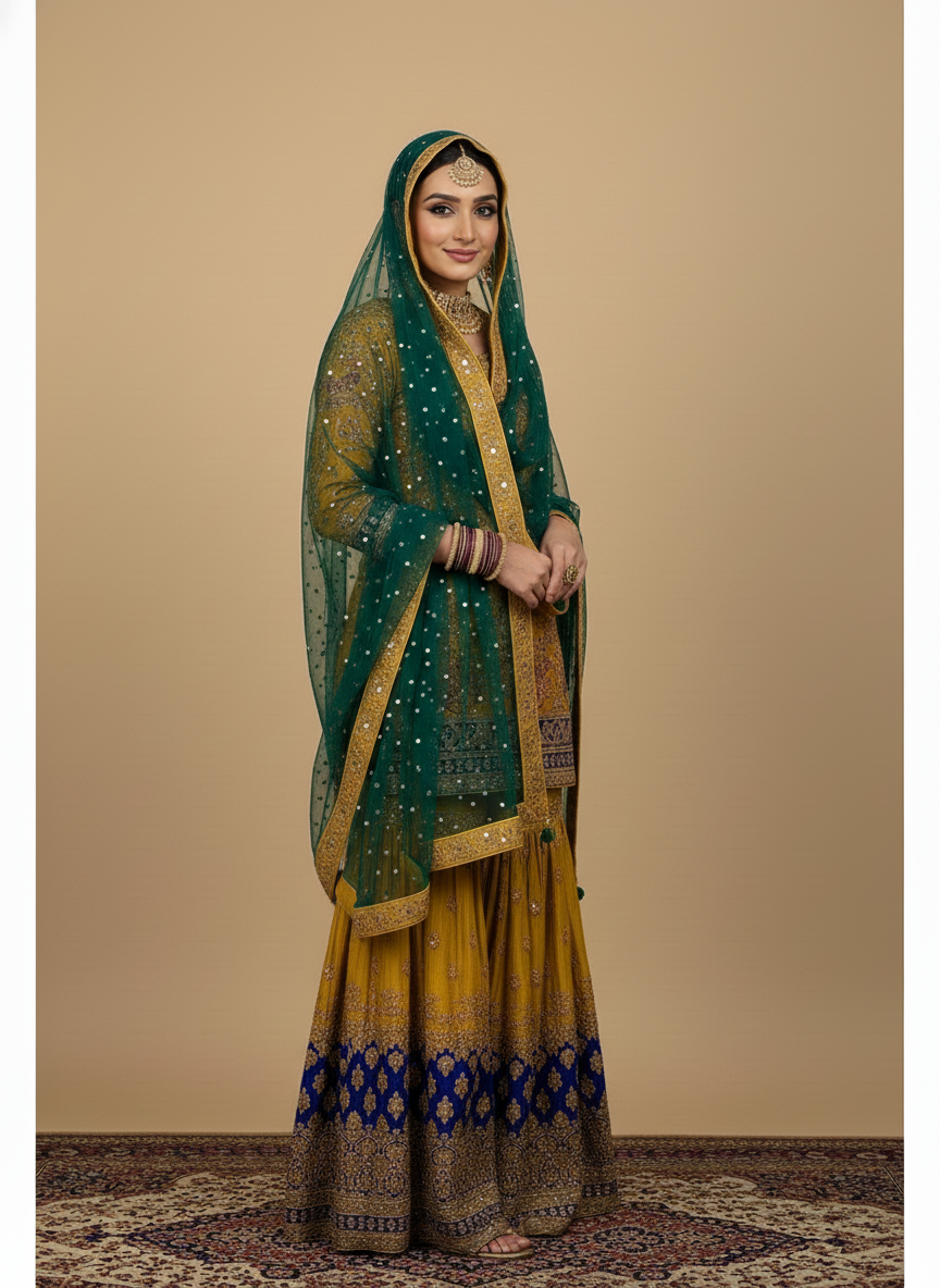 Mustard Gold & Emerald Green Custom Sharara Set