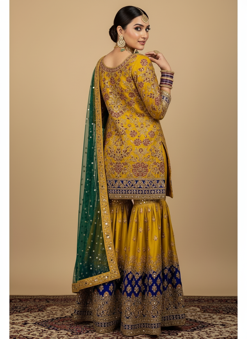 Mustard Gold & Emerald Green Custom Sharara Set