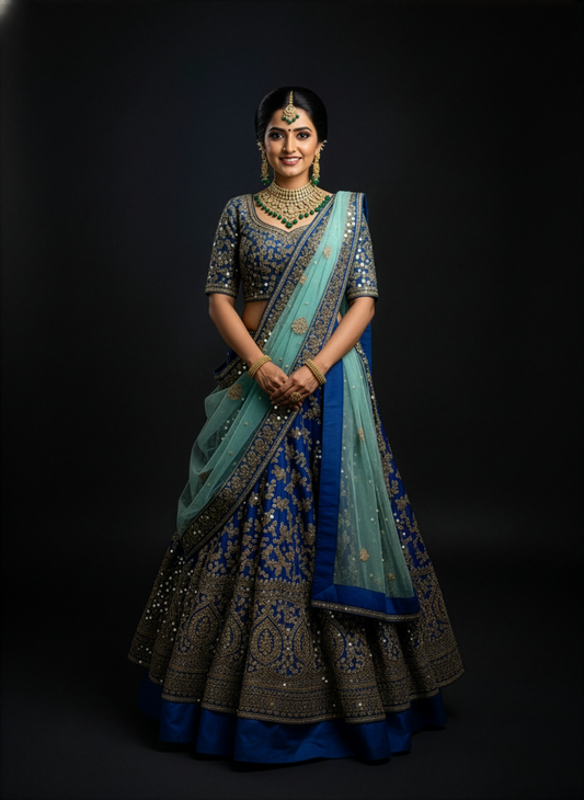 Royal Blue & Sea Mist Custom Bridal Lehenga
