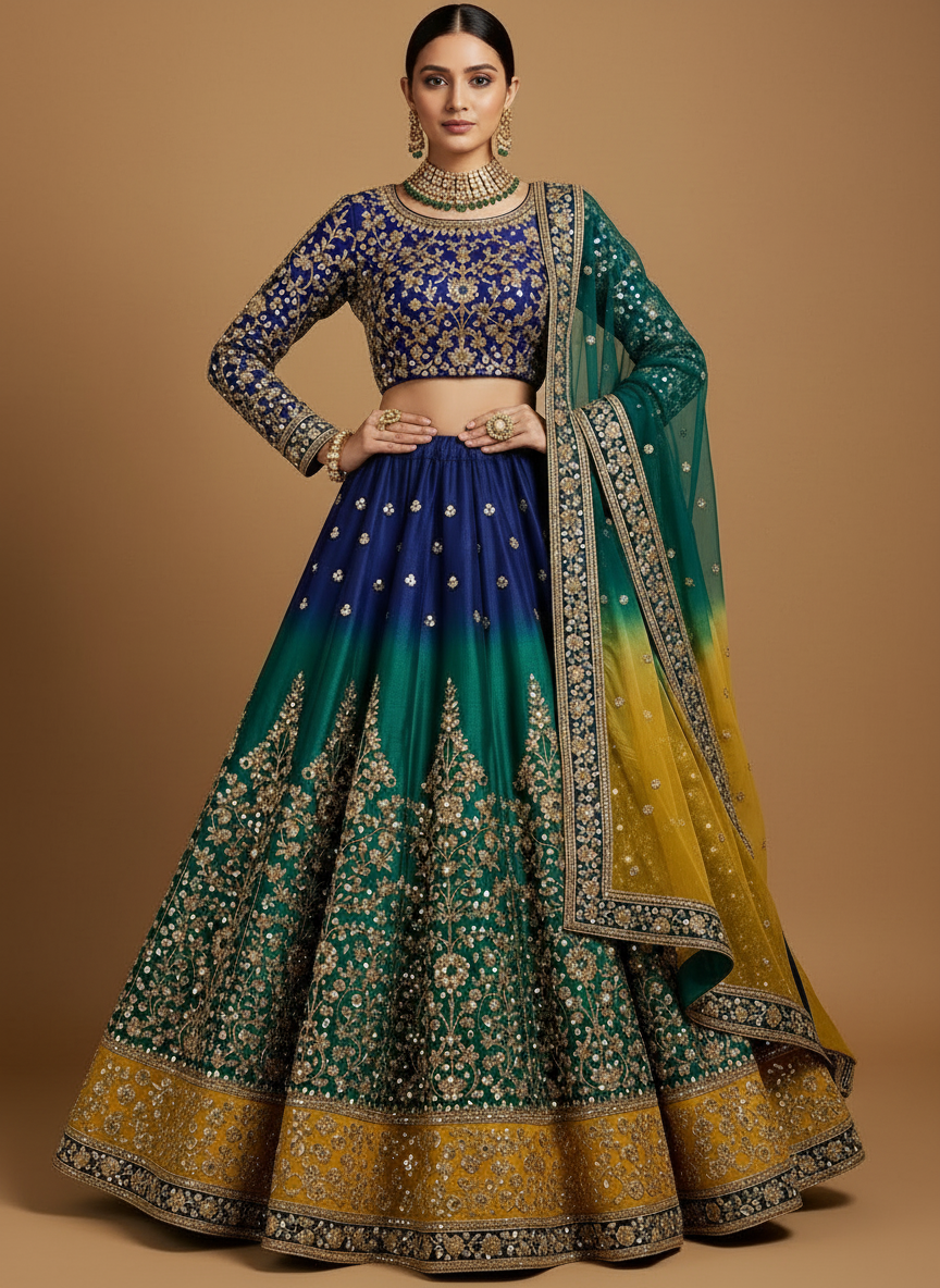 Royal Blue & Emerald Green Custom Bridal Lehenga