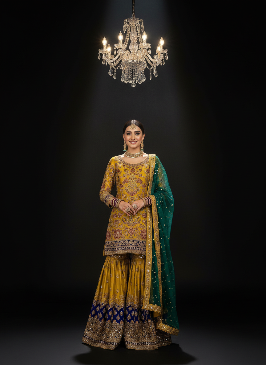Mustard Gold & Emerald Green Custom Sharara Set