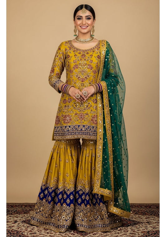 Mustard Gold & Emerald Green Custom Sharara Set