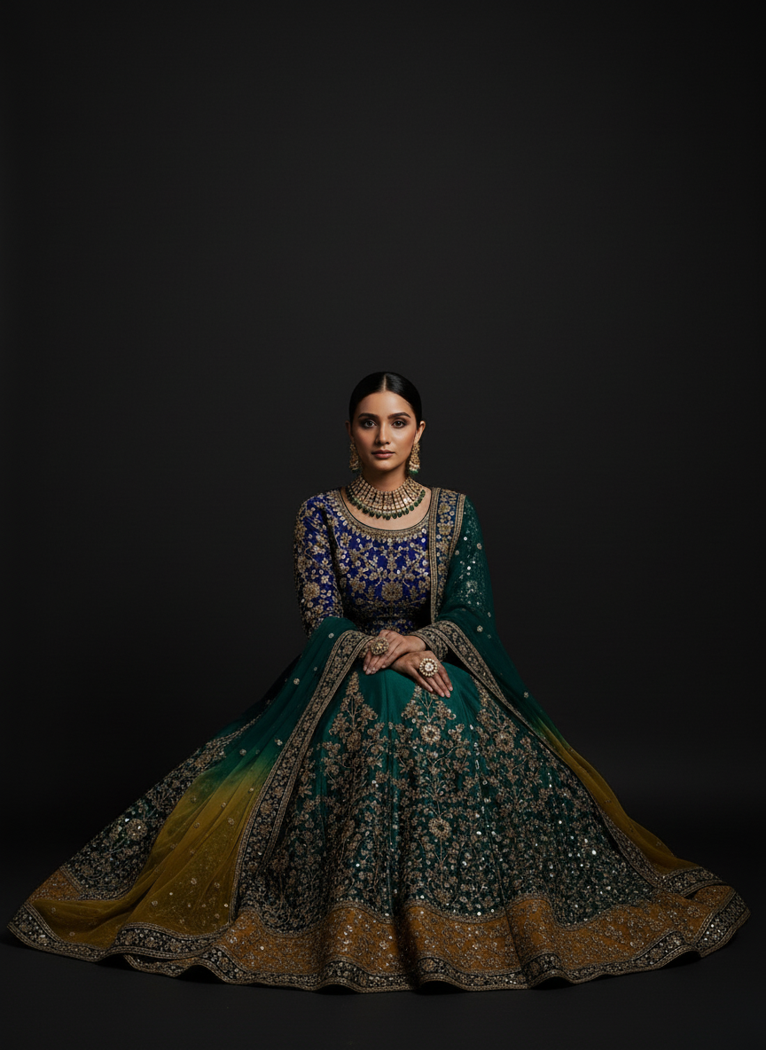 Royal Blue & Emerald Green Custom Bridal Lehenga