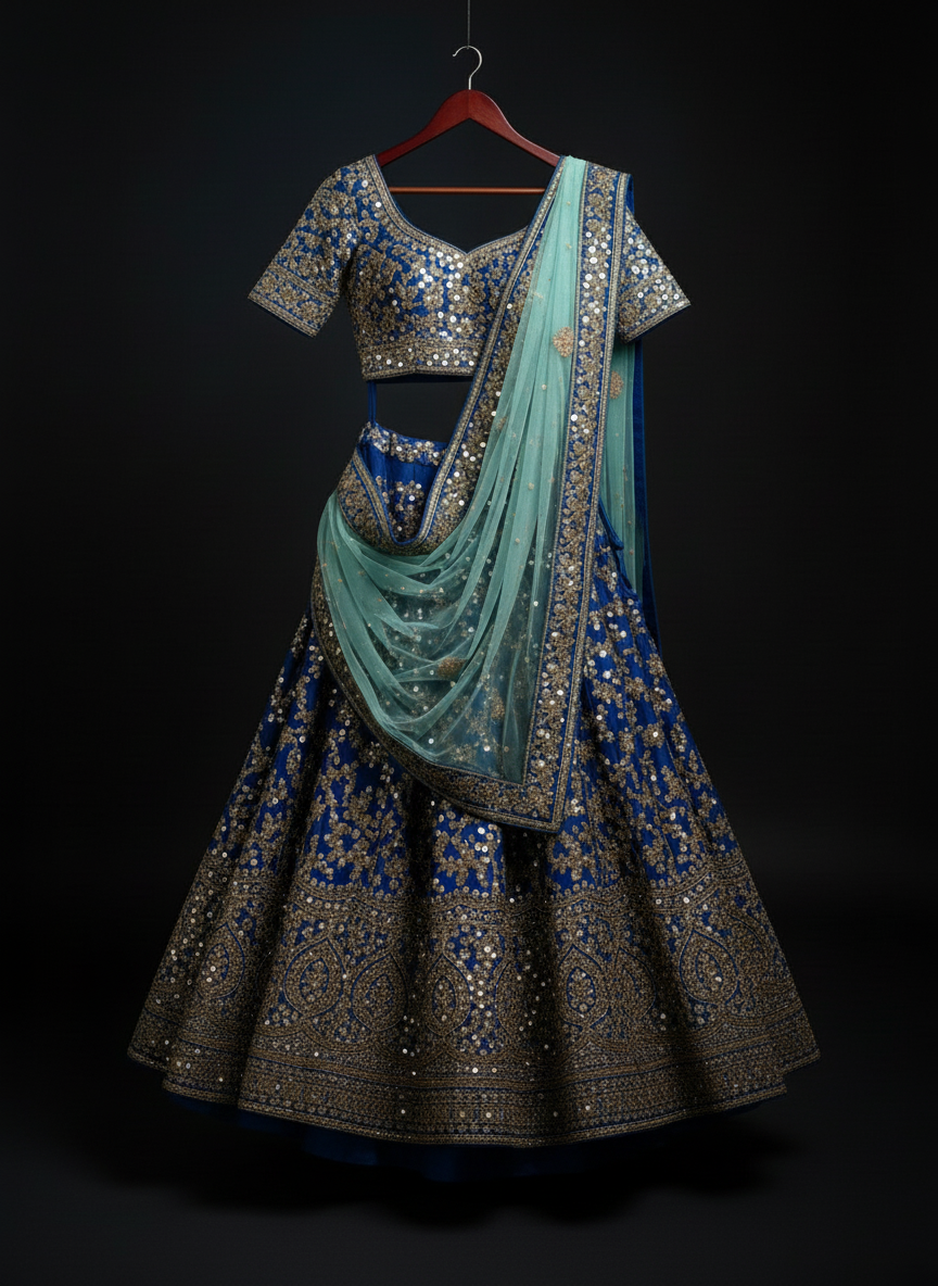 Royal Blue & Sea Mist Custom Bridal Lehenga