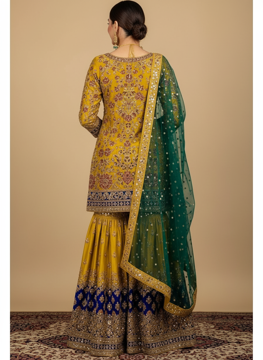 Mustard Gold & Emerald Green Custom Sharara Set