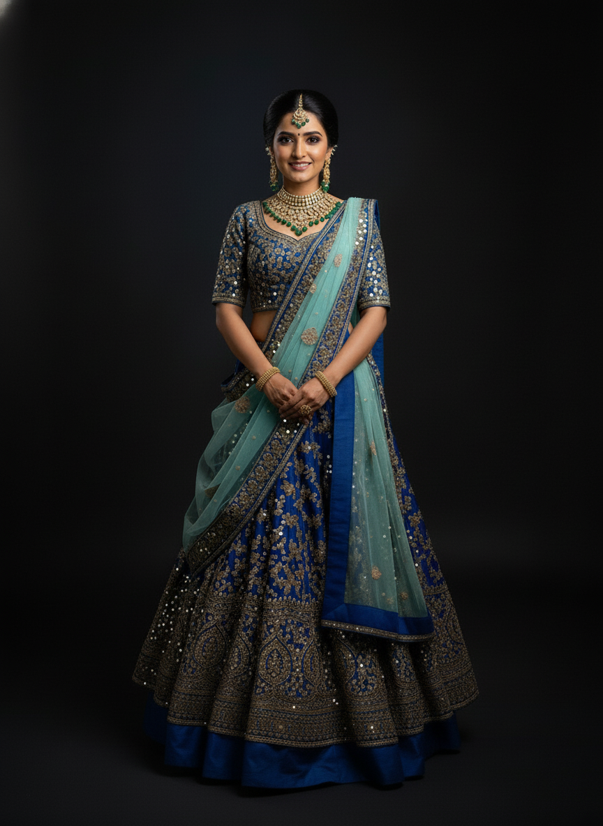 Royal Blue & Sea Mist Custom Bridal Lehenga