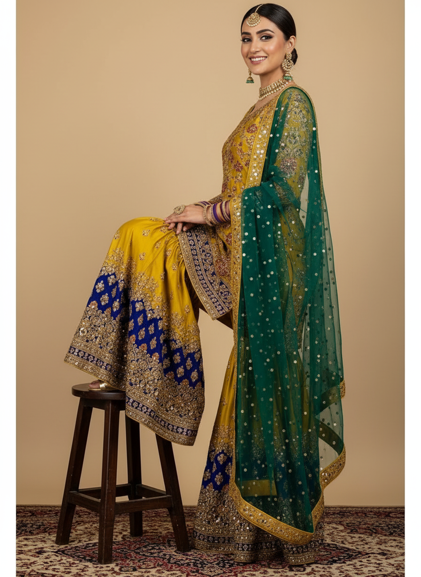 Mustard Gold & Emerald Green Custom Sharara Set