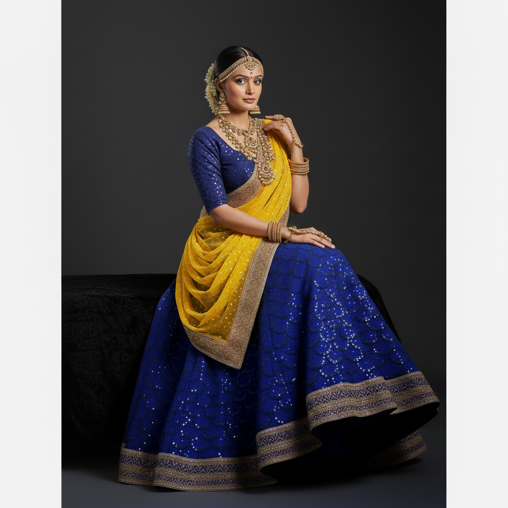 Royal Blue & Mustard Yellow Sequined Lehenga