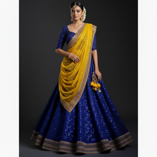 Royal Blue & Mustard Yellow Sequined Lehenga