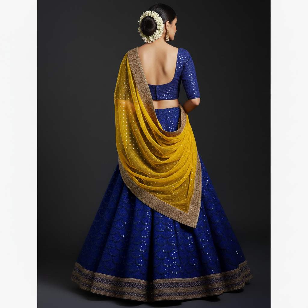 Royal Blue & Mustard Yellow Sequined Lehenga