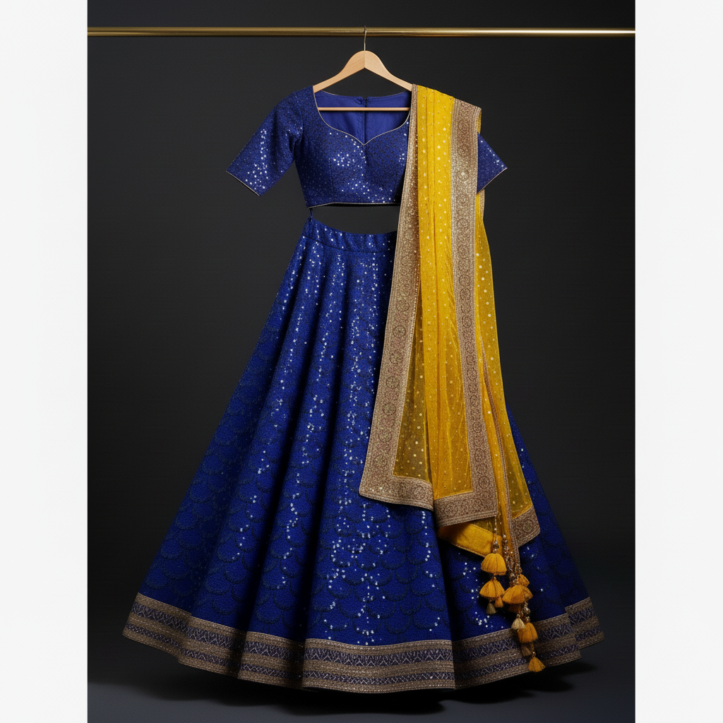 Royal Blue & Mustard Yellow Sequined Lehenga