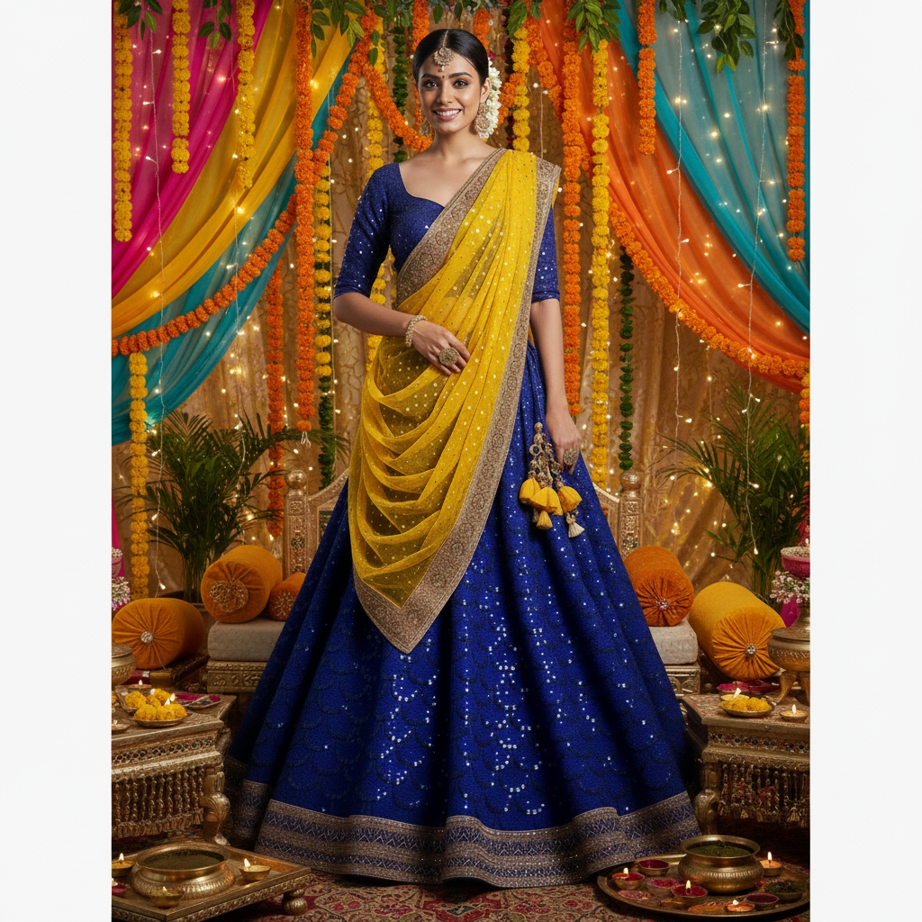 Royal Blue & Mustard Yellow Sequined Lehenga